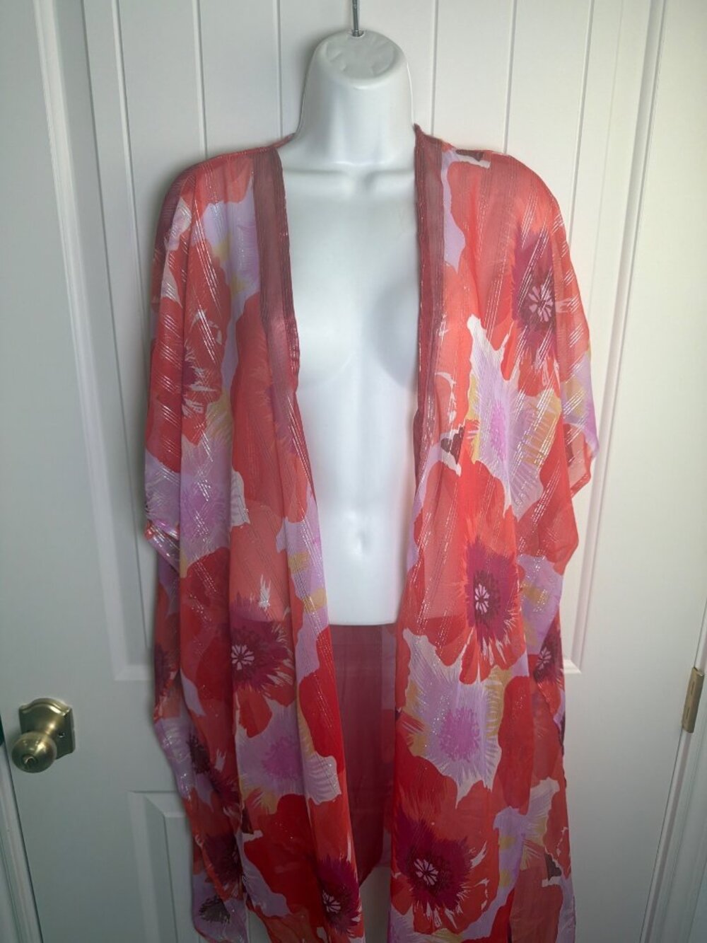 Nine West Sheer Floral Open-Front Kimono One Size Red/Purple Multicolor, NWT - Picture 2 of 8